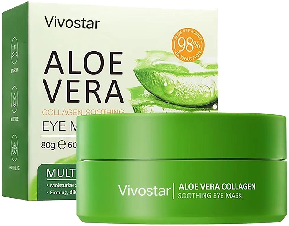 The Vivostar Aloe Vera Collagen Soothing Eye Mask jar beside its printed box.