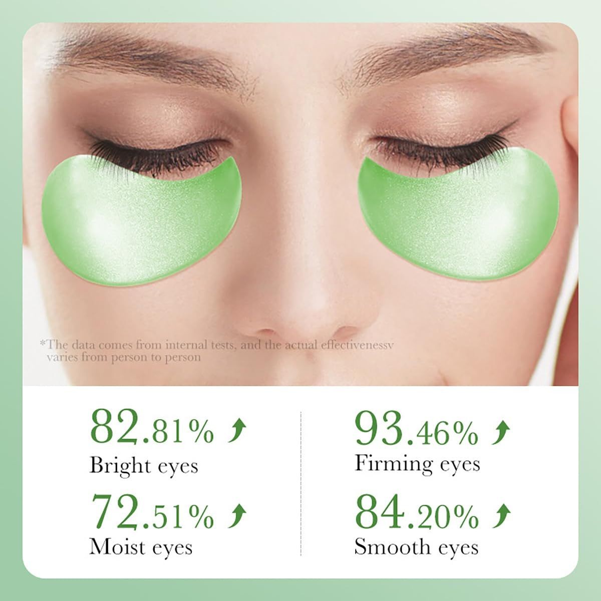 Green aloe gel patches worn under both eyes.